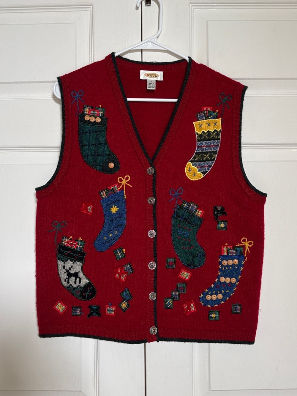 Talbots Women’s M Vintage 100% Wool Christmas Sweater Vest Stockings Red Holiday